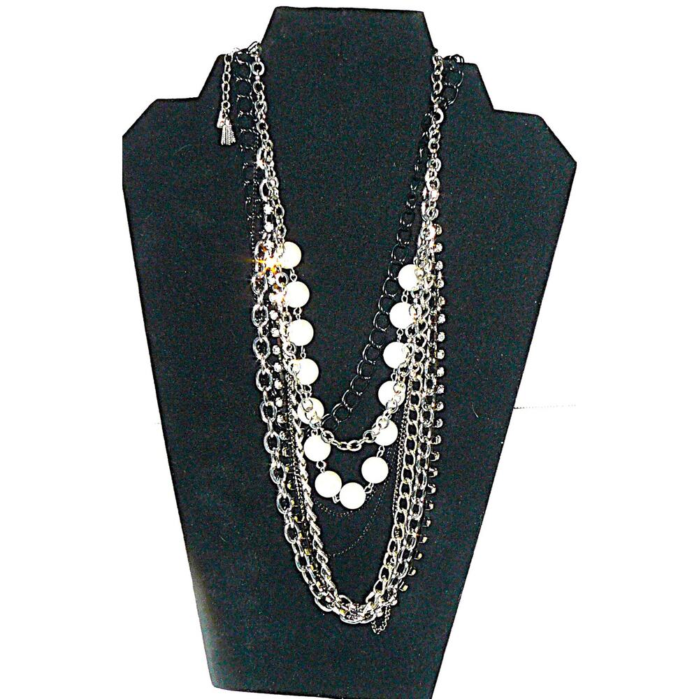 Vera Wang Designer Multi-Layer Silver Chain Necklace White Beads & Black Accents